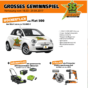Der Globus Baumarkt verlost wöchentlich einen Fiat 500 und einen greenworks Akku-Rasenmäher. Zusätzlich täglich ein Primaster Elektrowerkzeug-Set